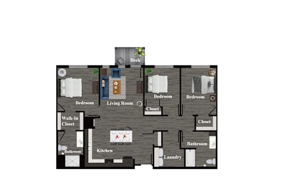 A floor plan of a house with a deck and a living room.