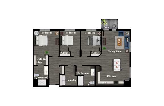 A floor plan of a house with a deck and a laundry room.