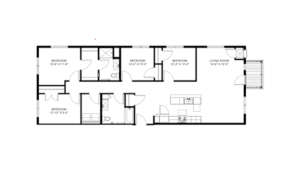 A floor plan of a house with a bedroom, three bathrooms, and a living room.