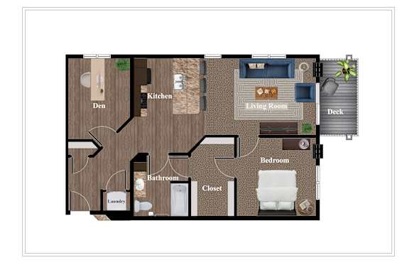 A floor plan of a house showing a kitchen, living room, dining room, bedroom, bathroom, laundry, and deck.