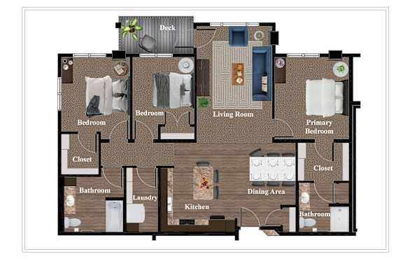 A floor plan of a house with a living room, two bedrooms, a bathroom, a kitchen, a laundry area, and a closet.