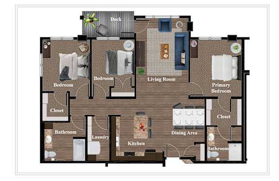 A floor plan of a house with two bedrooms, a living room, a kitchen, a dining area, a bathroom, a laundry room, and a closet.