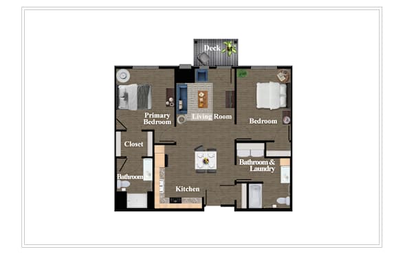 A floor plan of a house with a deck and a primary bedroom.