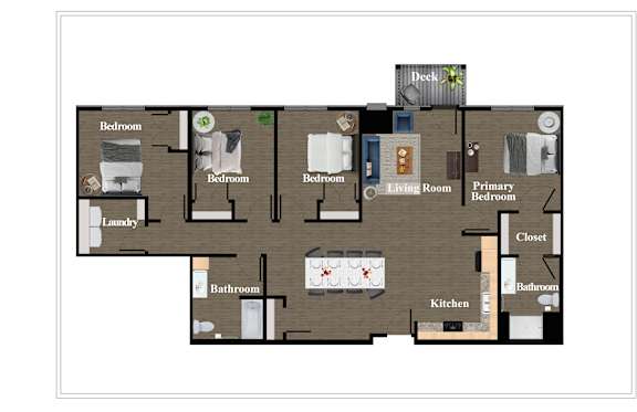 A floor plan of a house with a deck and a laundry area.