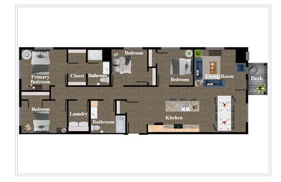 A floor plan of a house with a kitchen, living room, and several bedrooms.