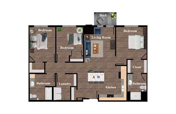 A floor plan of a house with a deck and two bedrooms.