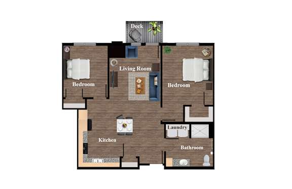 A floor plan of a house with a deck and a living room.