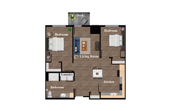A floor plan of a house with two bedrooms, a living room, a kitchen, a bathroom, and a laundry room.