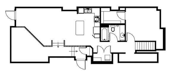 A black and white floor plan of a house with a kitchen, living room, and bedrooms.