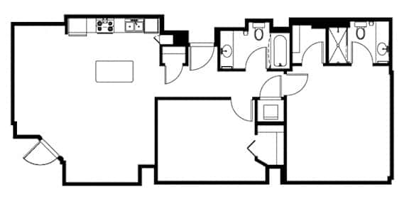 A black and white image of a floor plan with rooms and furniture.