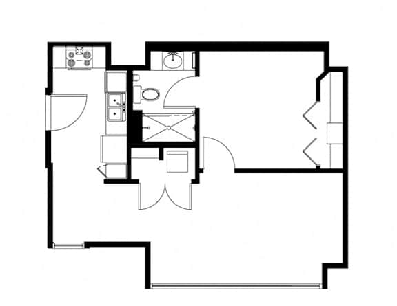 A black and white floor plan of a house with a kitchen, living room, and bathroom.