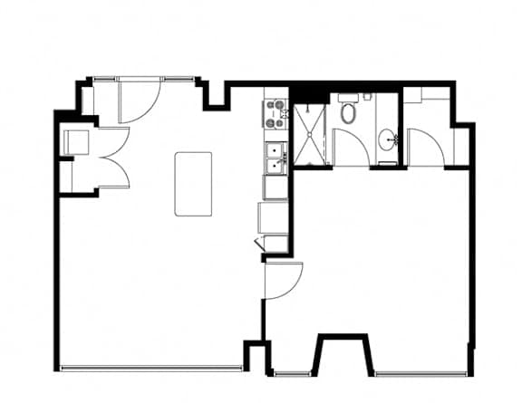 A black and white floor plan of a house with a kitchen, living room, and bathroom.