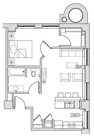 A floor plan of a house with a kitchen, living room, and bathrooms.