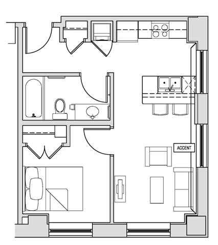 A floor plan of a house with a kitchen, living room, and bathroom.