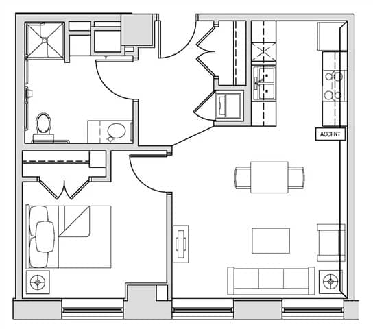 A floor plan of a house with a kitchen, living room, and bathroom.