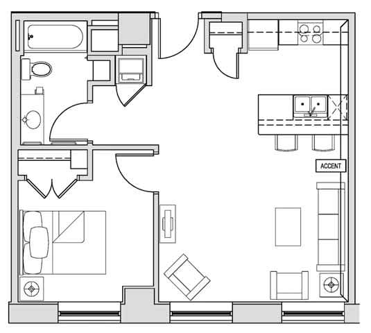 A floor plan of a house with a kitchen, living room, and bathroom.