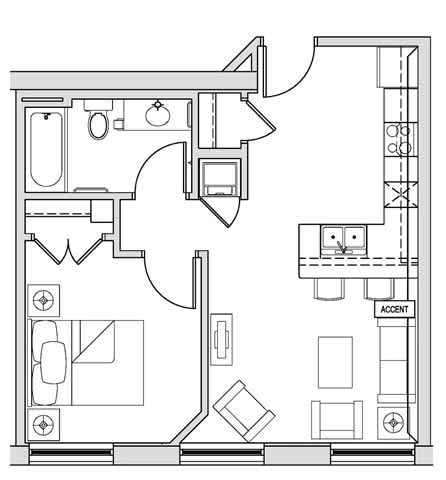 A floor plan of a house with a kitchen, living room, and bathroom.