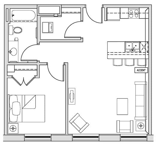 A floor plan of a house with a kitchen, living room, and bathroom.