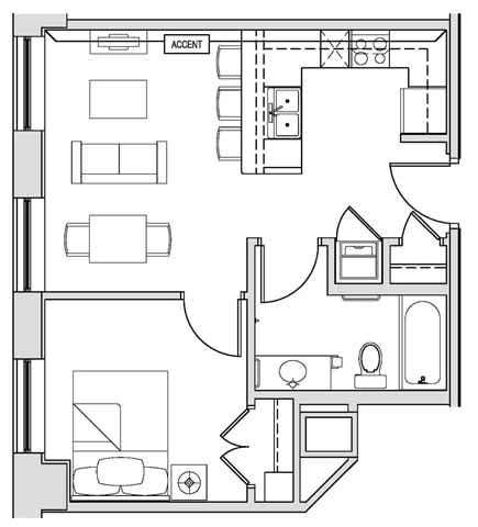 A floor plan of a house with a living room, dining room, kitchen, and two bedrooms.