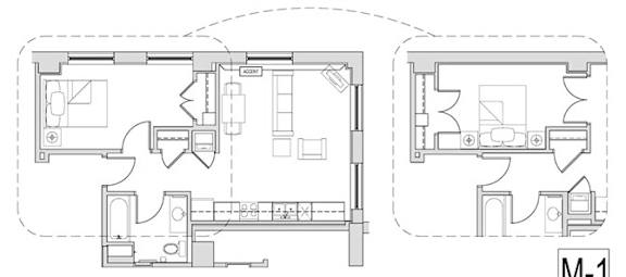 Two floor plans of a house with a kitchen, living room, and bathrooms.