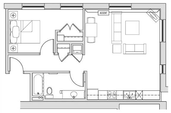 A floor plan of a house with a kitchen, living room, and bathroom.