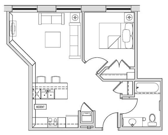 A floor plan of a house with a kitchen, living room, and bathroom.