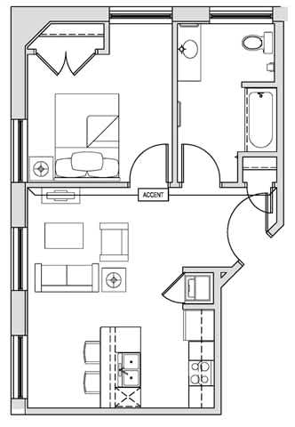 A floor plan of a house with a living room, kitchen, and two bedrooms.