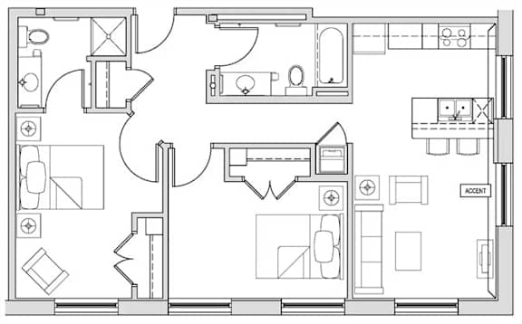 A black and white floor plan of a house with a kitchen, living room, and bathroom.