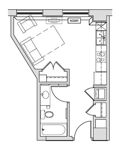 A floor plan of an apartment with a living room, kitchen, and bathroom.