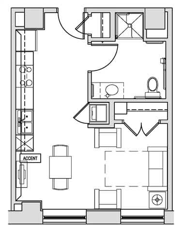 A floor plan of a house with a kitchen, living room, and bathroom.