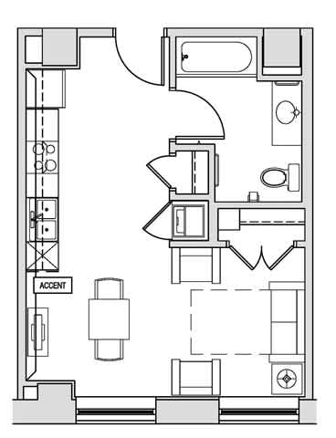 A floor plan of a house with a kitchen, living room, and bathroom.