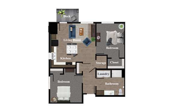A floor plan of a house with a living room, kitchen, two bedrooms, a bathroom, laundry, storage, and closet.