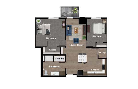 A floor plan of a house with two bedrooms, a living room, a kitchen, a bathroom, a laundry area, a closet, and storage space.