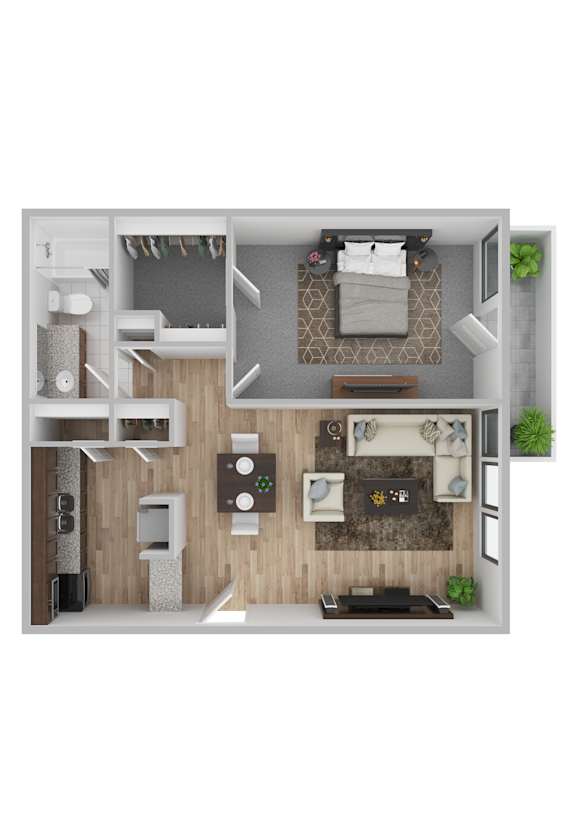 A 3D rendered image of a modern apartment layout.