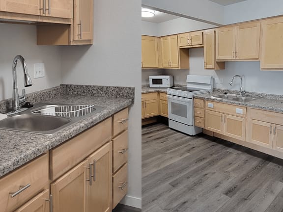 A kitchen with wooden cabinets and a granite countertop.