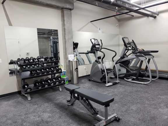 A gym with a bench, weights, and exercise machines.