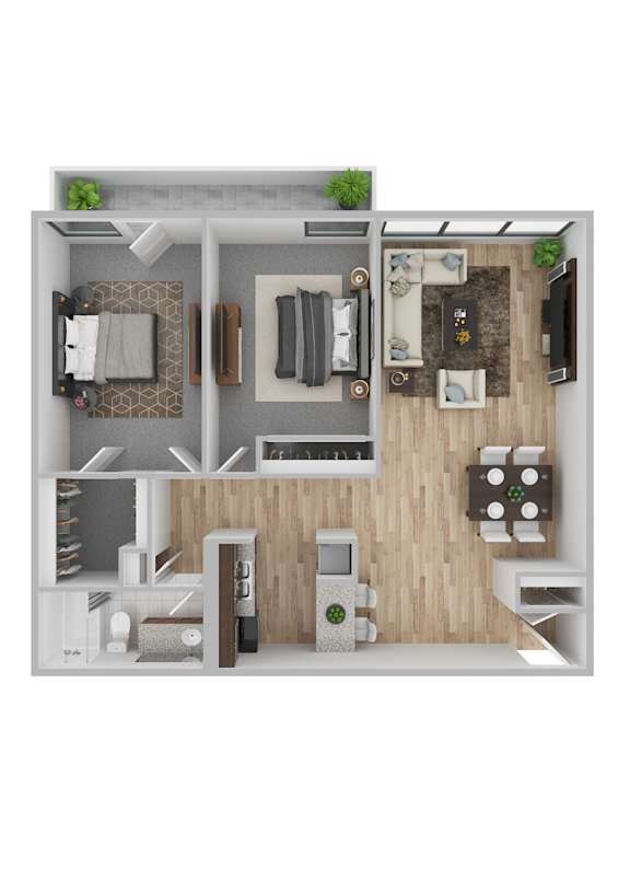 A 3D floor plan of a small apartment with a kitchen, living room, and bathroom.
