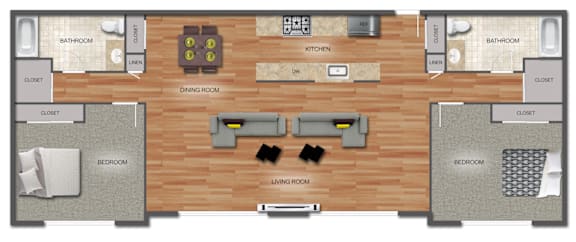 A floor plan of a house with a living room, dining room, kitchen, and two bedrooms.