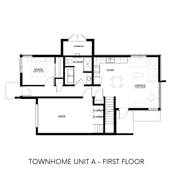 A black and white drawing of a floor plan for a townhome.