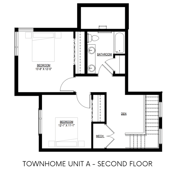 A black and white image of a second floor floor plan for a townhome.