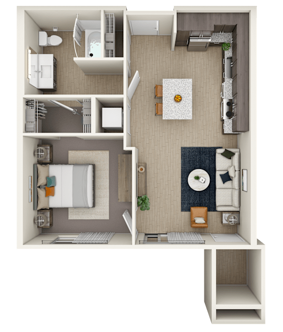 Floor Plan  A 3D floor plan of a small apartment with a kitchen, living room, and bedroom.