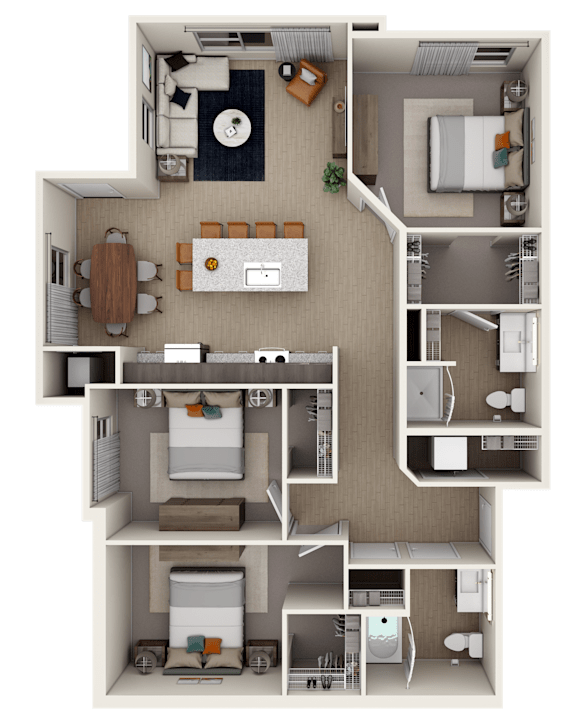 Floor Plan  A detailed 3D floor plan of a small apartment layout.
