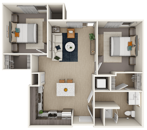 Floor Plan  A 3D floor plan of a small apartment with two bedrooms, a living room, and a kitchen.
