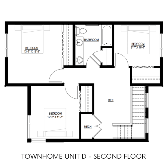A black and white image of a second floor floor plan for a townhome.