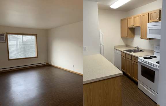 A kitchen with wooden cabinets and a white refrigerator.