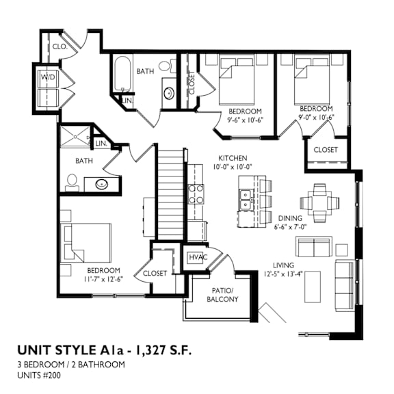 Floor Plan  A black and white image of a floor plan for a 3 bedroom, 2 bathroom unit.