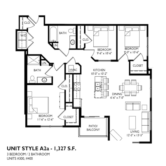 Floor Plan  A black and white image of a floor plan for a unit style A2a - 1,327 S.F.