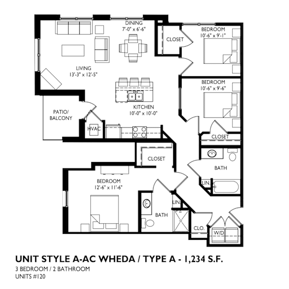 Floor Plan  A black and white diagram of a 3 bedroom 2 bathroom a-ac wheda type a floor plan.