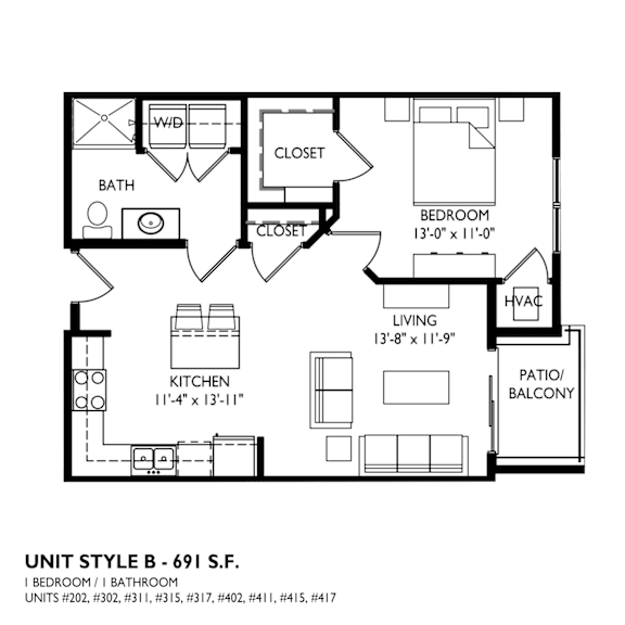 Floor Plan  A black and white image of a floor plan for a unit style B - 691 S.F.