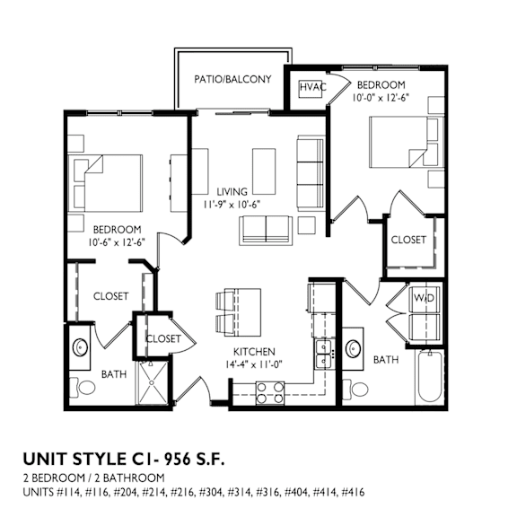 Floor Plan  A black and white image of a floor plan for a unit style C1- 956 S.F.